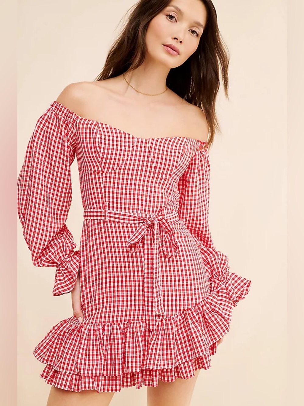 Maeve Anthropologie Bare Frill Red Gingham Mini Dress | Size 8P | $178 Retail
